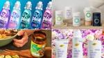 A four‑panel collage showing different Unilever products: five colourful Persil Wonder Wash detergent bottles; minimalist Nutrafol supplement containers on a beige background; a hand spooning food beside a jar of Knorr seasoning; and Dove Whole Body Deo products displayed among pink and white flowers.